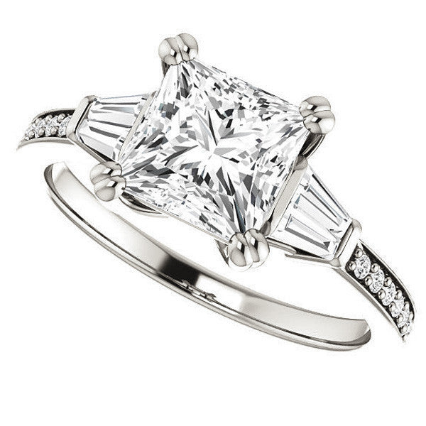 Princess cut Moissanite & Diamond Baguette Engagement Ring