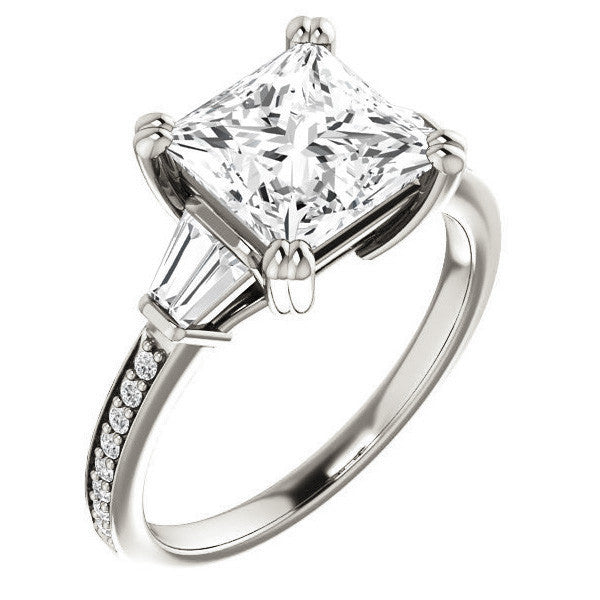 Princess cut Moissanite & Diamond Baguette Engagement Ring