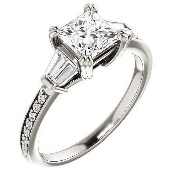 Princess cut Moissanite & Diamond Baguette Engagement Ring