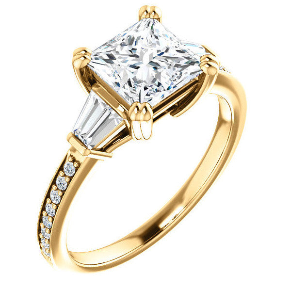 Princess cut Moissanite & Diamond Baguette Engagement Ring