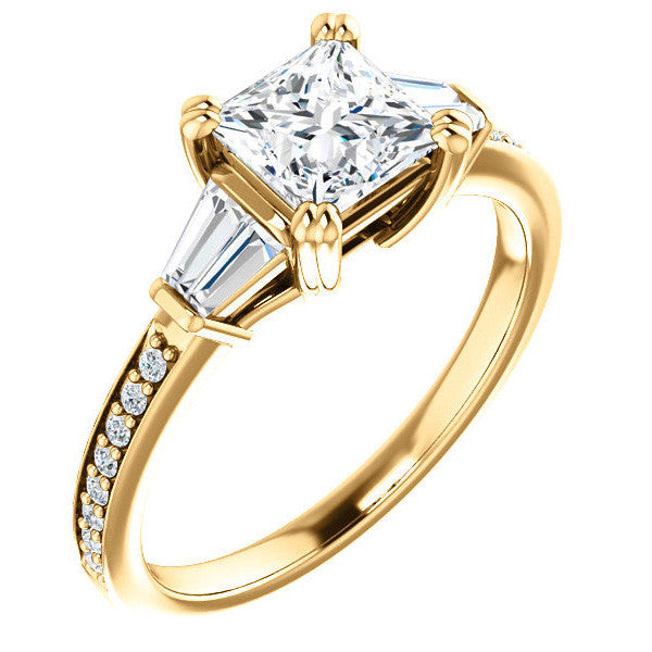 Princess cut Moissanite & Diamond Baguette Engagement Ring