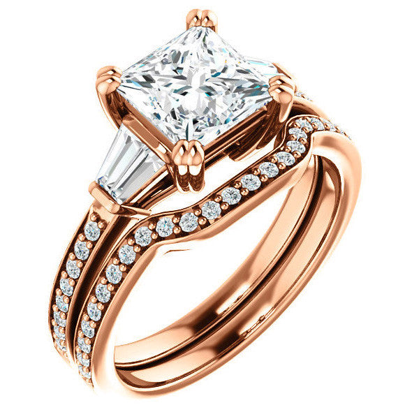 Princess cut Moissanite & Diamond Baguette Engagement Ring