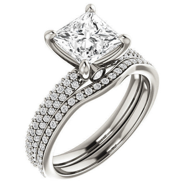 Princess cut Moissanite Pave Engagement Ring