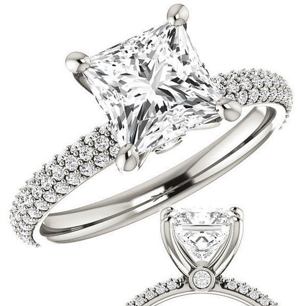 Princess cut Moissanite Pave Engagement Ring