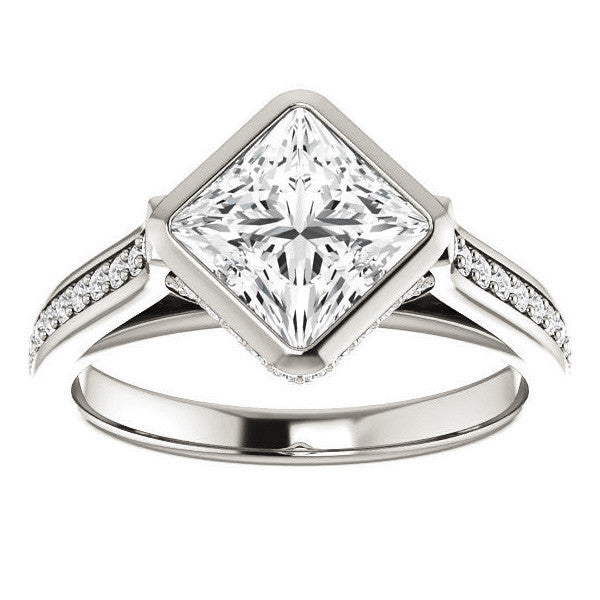 Princess cut Bezel set Cathedral Engagement Ring