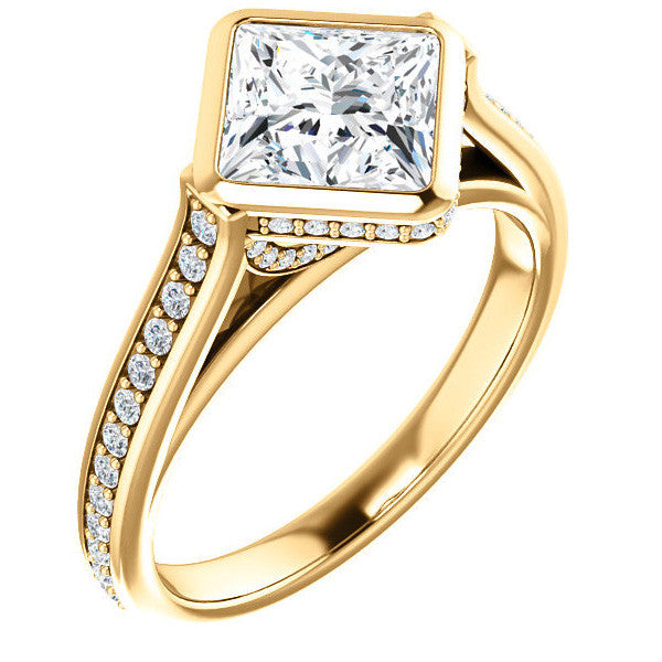 Princess cut Bezel set Cathedral Engagement Ring