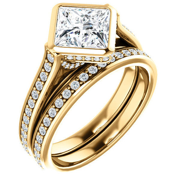 Princess cut Bezel set Cathedral Engagement Ring