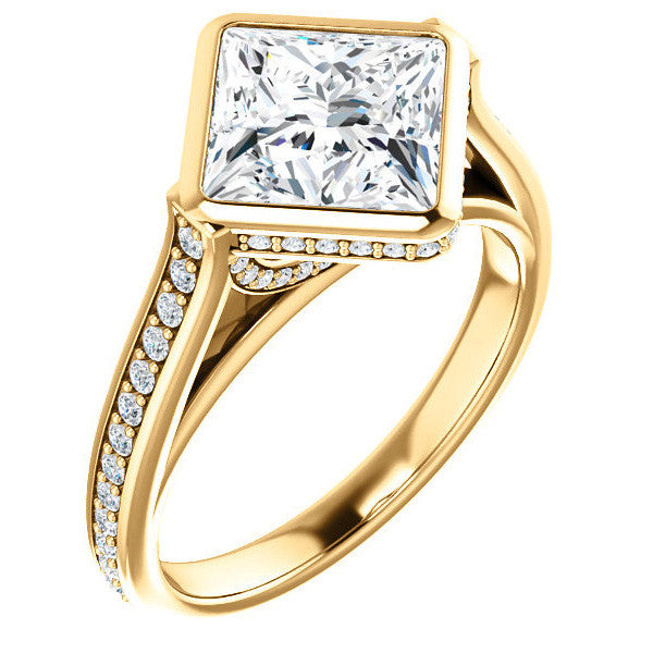 Princess cut Bezel set Cathedral Engagement Ring