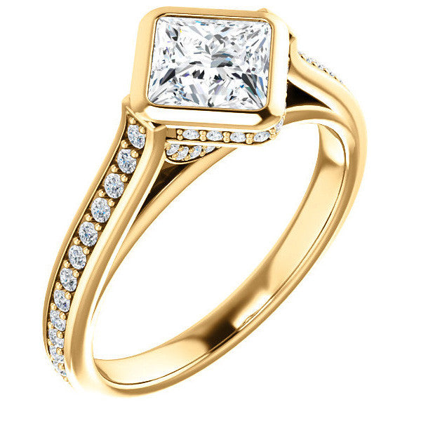 Princess cut Bezel set Cathedral Engagement Ring