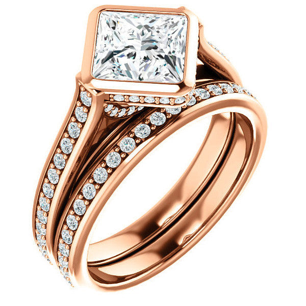 Princess cut Bezel set Cathedral Engagement Ring