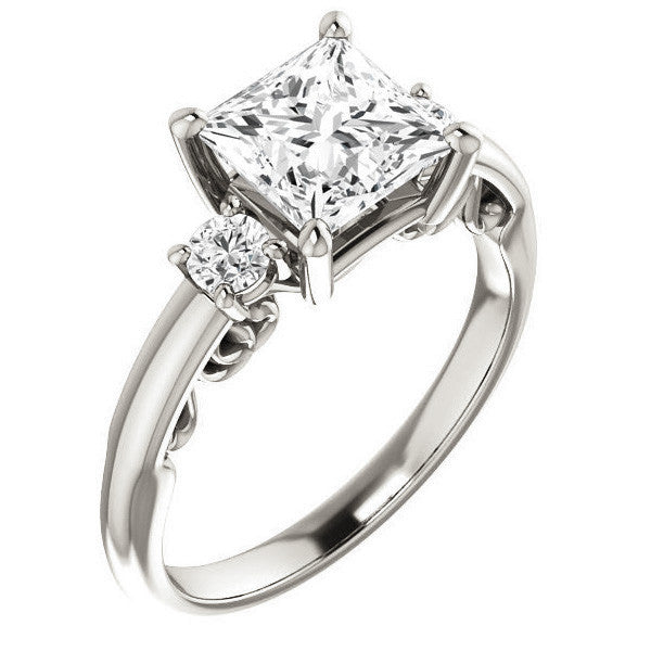 Princess Three-Stone Engagement Ring with Scroll Accent