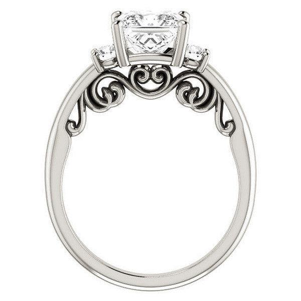 Princess Three-Stone Engagement Ring with Scroll Accent