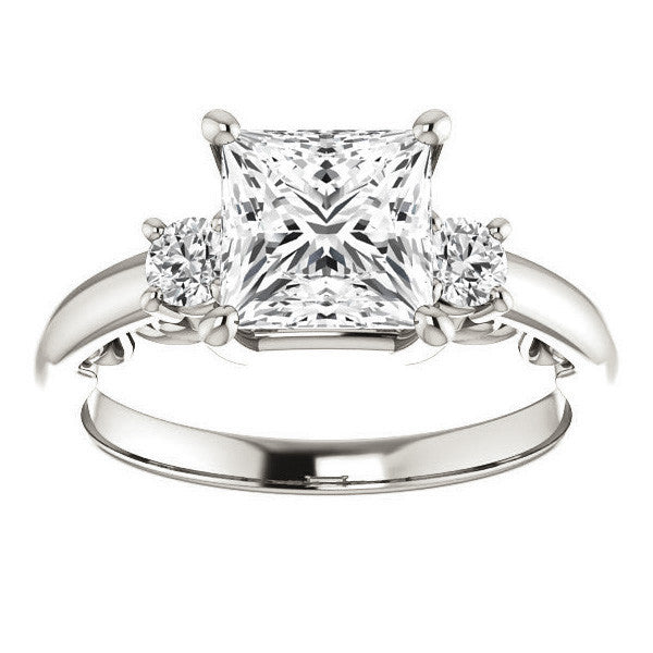 Princess Three-Stone Engagement Ring with Scroll Accent