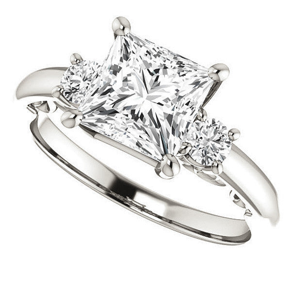 Princess Three-Stone Engagement Ring with Scroll Accent