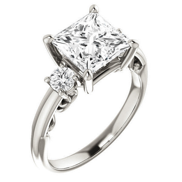 Princess Three-Stone Engagement Ring with Scroll Accent
