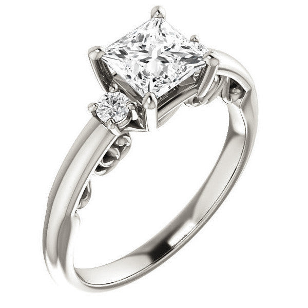 Princess Three-Stone Engagement Ring with Scroll Accent