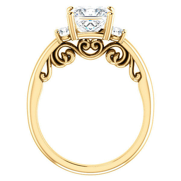 Princess Three-Stone Engagement Ring with Scroll Accent