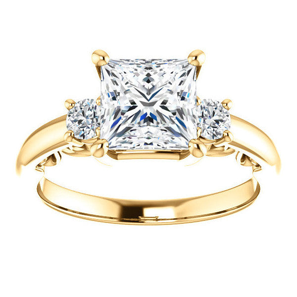 Princess Three-Stone Engagement Ring with Scroll Accent