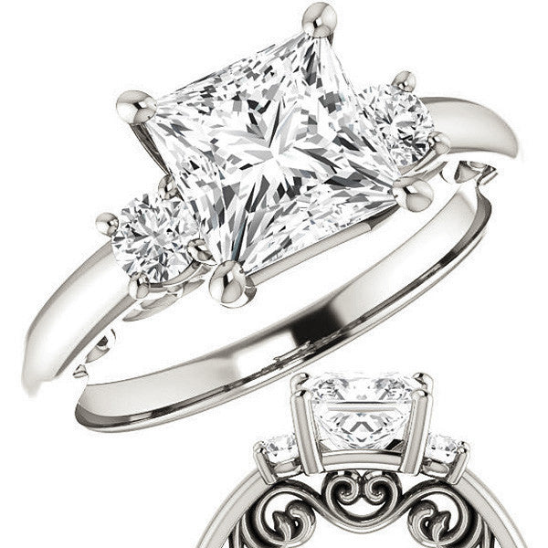 Princess Three-Stone Engagement Ring with Scroll Accent