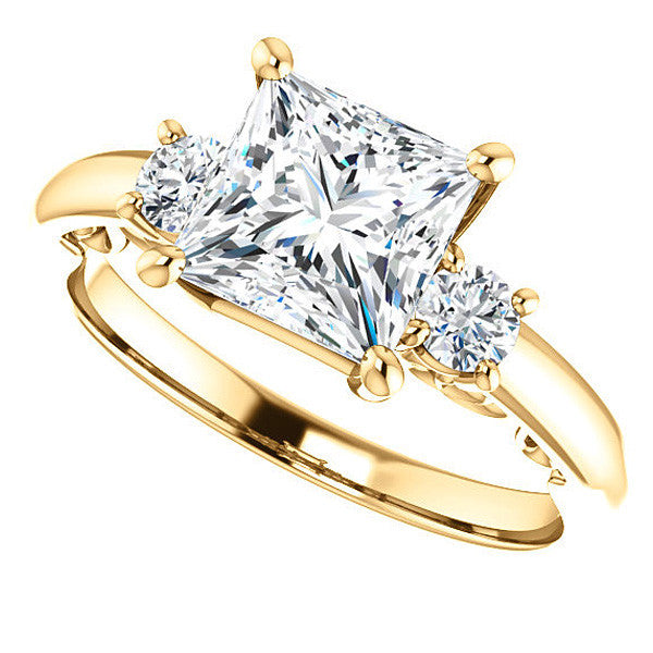 Princess Three-Stone Engagement Ring with Scroll Accent