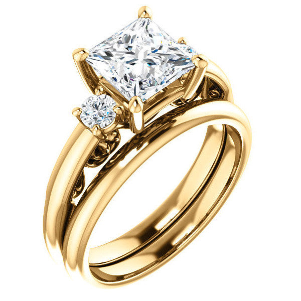 Princess Three-Stone Engagement Ring with Scroll Accent