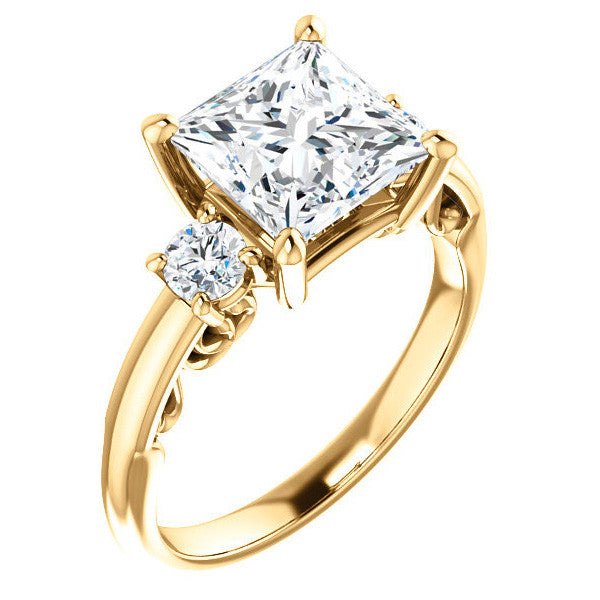 Princess Three-Stone Engagement Ring with Scroll Accent