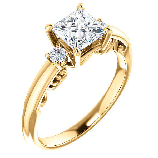 Princess Three-Stone Engagement Ring with Scroll Accent