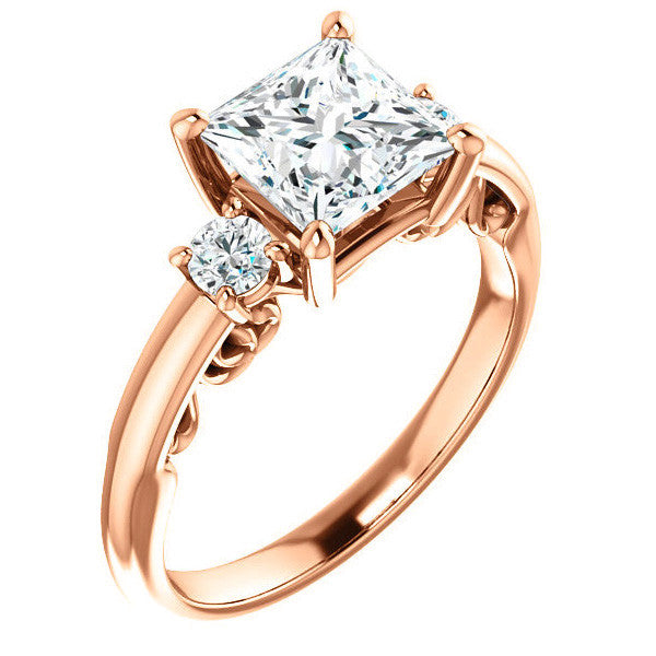 Princess Three-Stone Engagement Ring with Scroll Accent