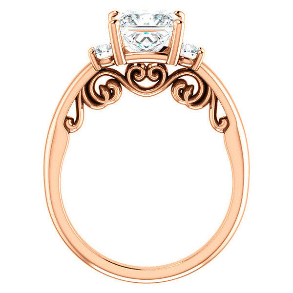 Princess Three-Stone Engagement Ring with Scroll Accent