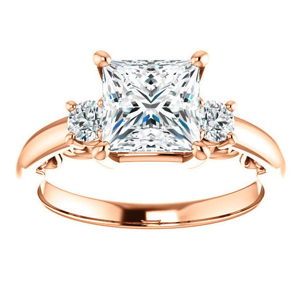 Princess Three-Stone Engagement Ring with Scroll Accent