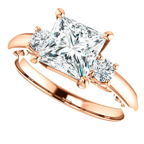 Princess Three-Stone Engagement Ring with Scroll Accent