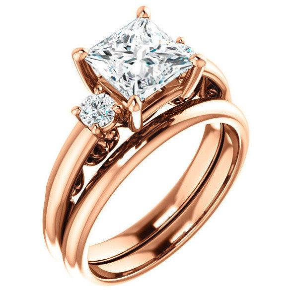 Princess Three-Stone Engagement Ring with Scroll Accent