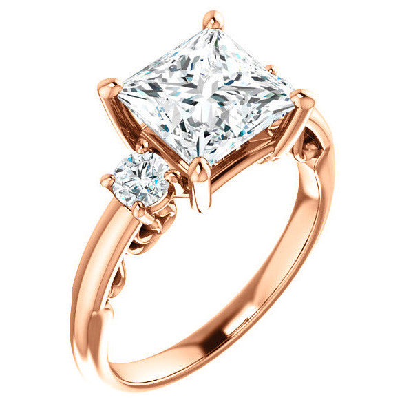 Princess Three-Stone Engagement Ring with Scroll Accent