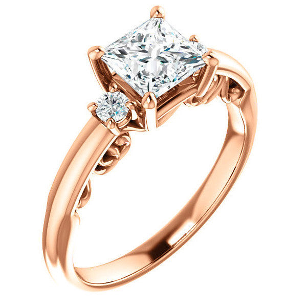 Princess Three-Stone Engagement Ring with Scroll Accent