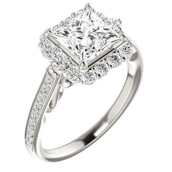 Princess Scroll Halo Engagement Ring with Surprise Diamonds