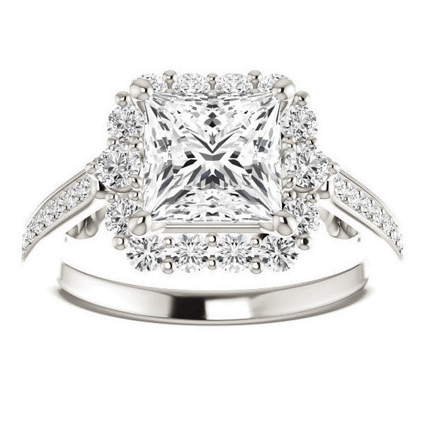 Princess Scroll Halo Engagement Ring with Surprise Diamonds