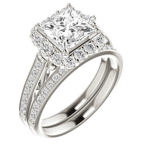 Princess Scroll Halo Engagement Ring with Surprise Diamonds