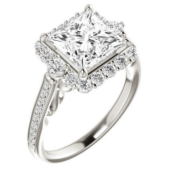 Princess Scroll Halo Engagement Ring with Surprise Diamonds