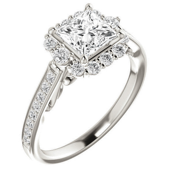 Princess Scroll Halo Engagement Ring with Surprise Diamonds