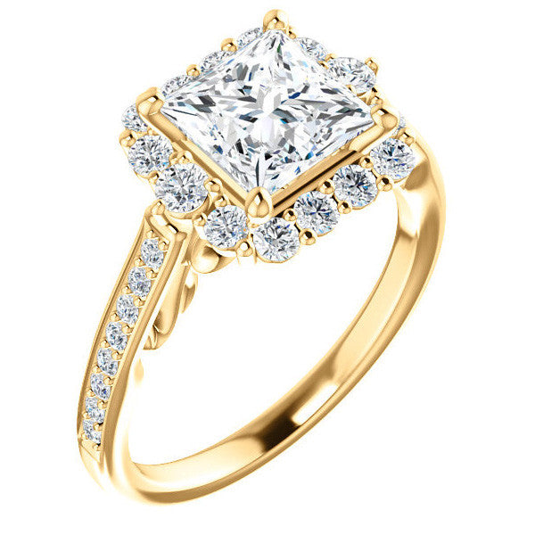 Princess Scroll Halo Engagement Ring with Surprise Diamonds