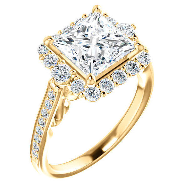 Princess Scroll Halo Engagement Ring with Surprise Diamonds