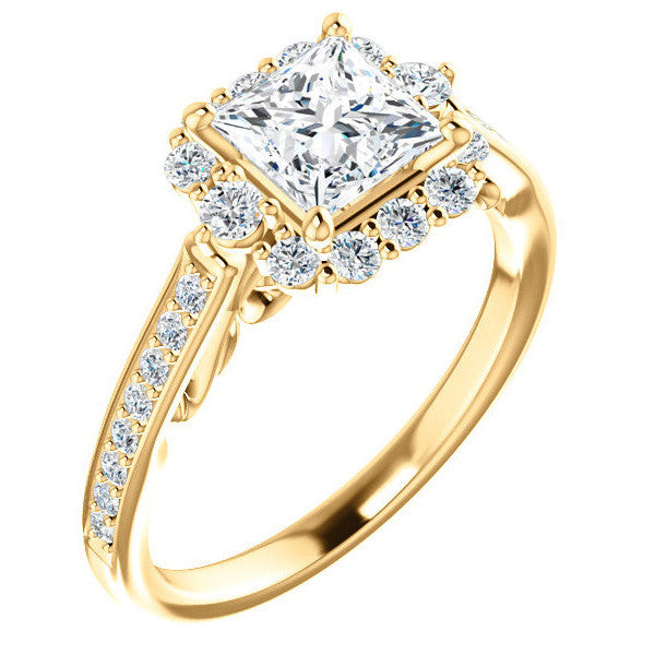 Princess Scroll Halo Engagement Ring with Surprise Diamonds