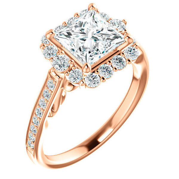 Princess Scroll Halo Engagement Ring with Surprise Diamonds