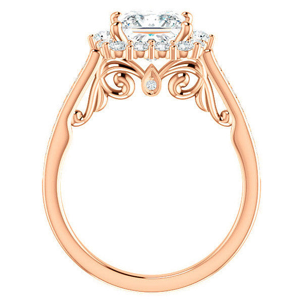 Princess Scroll Halo Engagement Ring with Surprise Diamonds