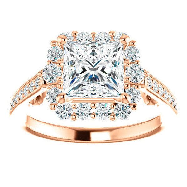 Princess Scroll Halo Engagement Ring with Surprise Diamonds