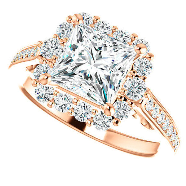 Princess Scroll Halo Engagement Ring with Surprise Diamonds