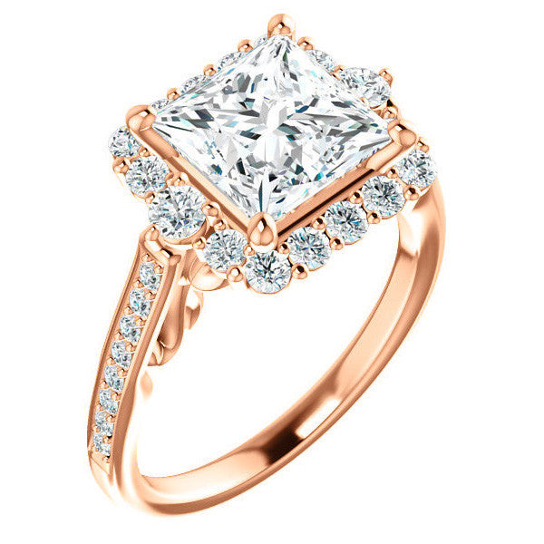 Princess Scroll Halo Engagement Ring with Surprise Diamonds