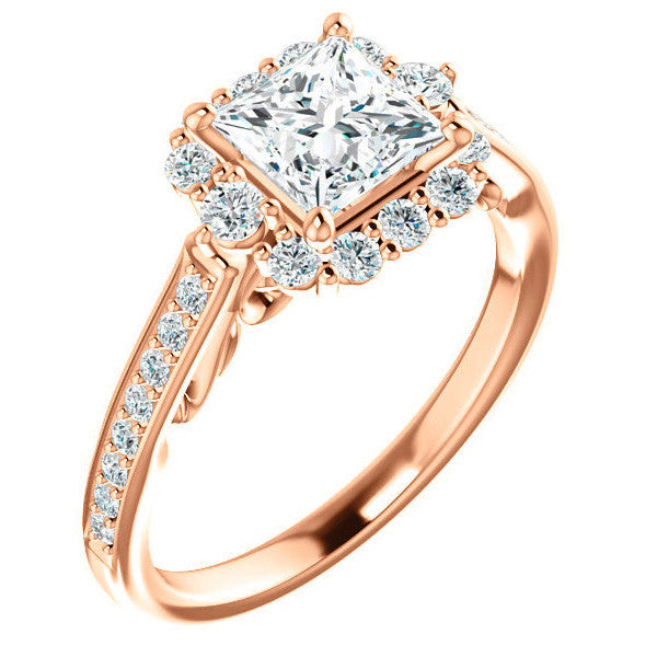 Princess Scroll Halo Engagement Ring with Surprise Diamonds