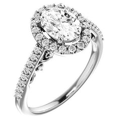 Oval Ornate Halo Engagement Ring with Scroll Accent