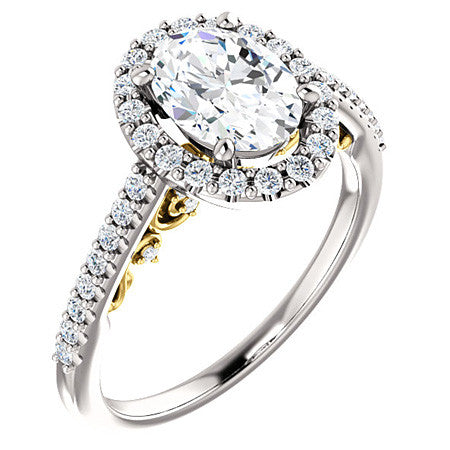 Oval Ornate Halo Engagement Ring with Scroll Accent